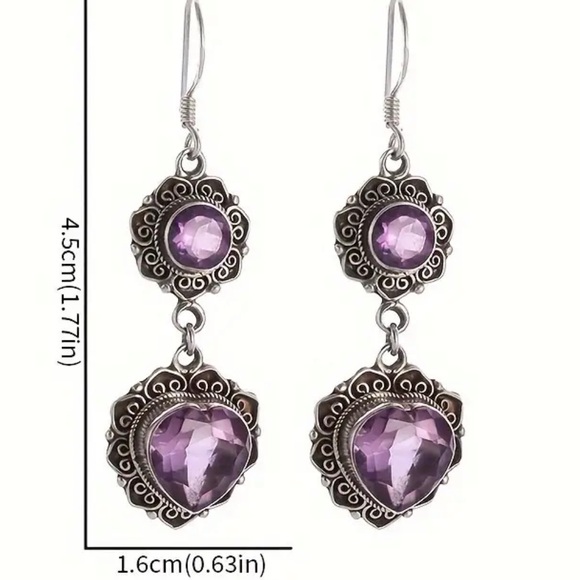 Gorgeous Purple, Amethyst Color Gemstone, Lab created, Heart Dangle Earrings - Picture 3 of 5
